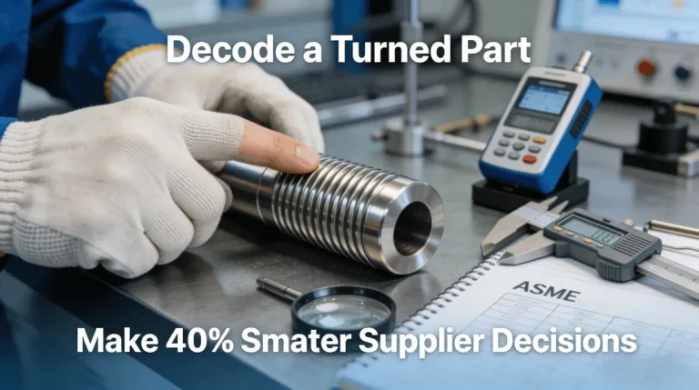 An engineer's gloved hand evaluates the surface finish of a precision CNC turned metal shaft on a lab bench, with measurement tools like a roughness tester and micrometer nearby.