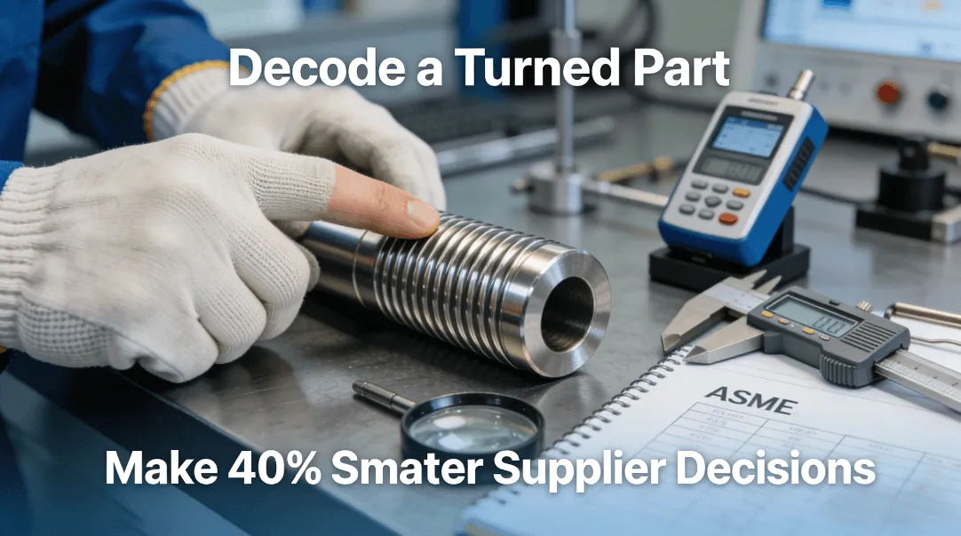 An engineer's gloved hand evaluates the surface finish of a precision CNC turned metal shaft on a lab bench, with measurement tools like a roughness tester and micrometer nearby.