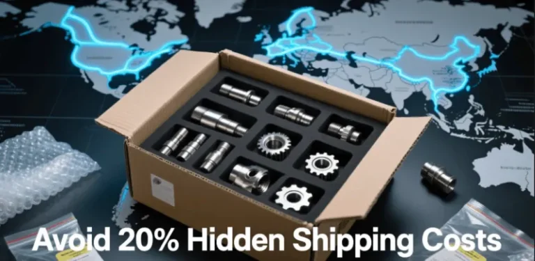 A global logistics network over a world map, with a detailed view of custom foam packaging securing precision CNC turned parts inside a shipping box.